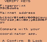 Fingerprint and receive address shown for verification, in synthetic mainnet-mode regression